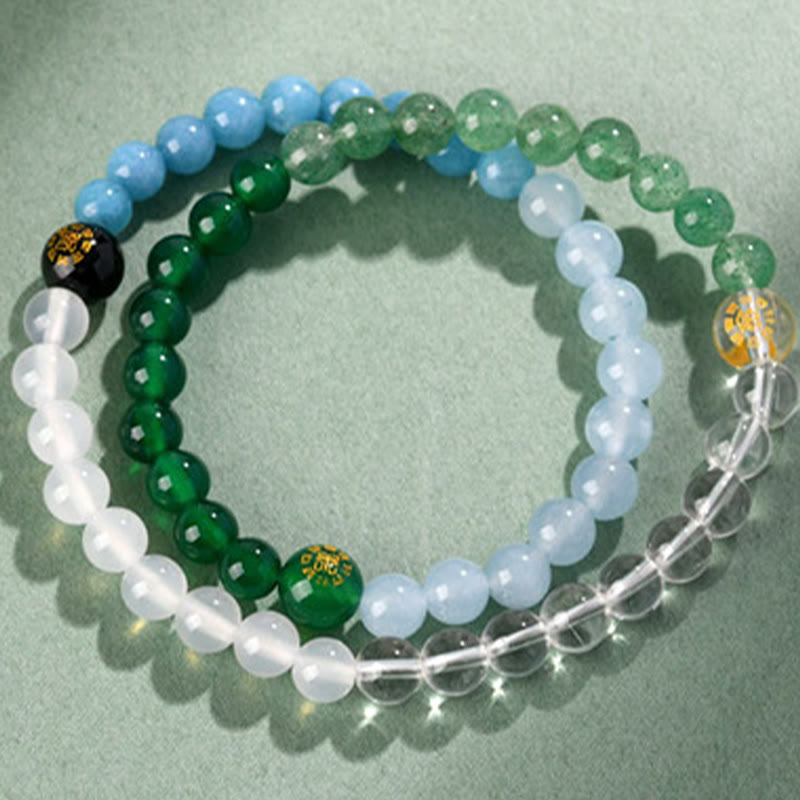 Pulsera de la sabiduría de cuarzo fresa y ágata de cristal con cinco elementos y Buddha Stones