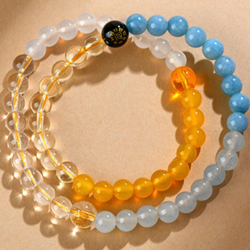 Pulsera de la sabiduría de cuarzo fresa y ágata de cristal con cinco elementos y Buddha Stones
