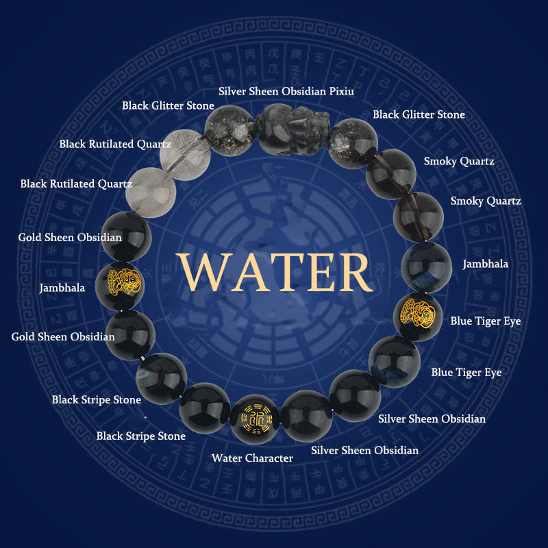 Pulsera de la riqueza Pixiu de ágata de cristal con cinco elementos y Buddha Stones - Agua (Circunferencia de la muñeca: 14-16 cm) - 12 mm - image 15