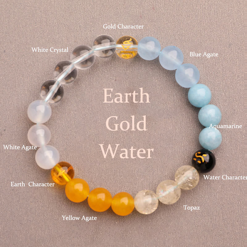 Pulsera de la sabiduría con Buddha Stones, cinco elementos, varios cristales de ágata y piedra solar - Agua de oro tierra (circunferencia de la muñeca: 14-16 cm) - 8 mm - image 15