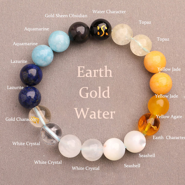 Pulsera de la sabiduría con Buddha Stones, cinco elementos, varios cristales de ágata y piedra solar - Agua de oro tierra (circunferencia de la muñeca: 14-16 cm) - 10 mm - image 13