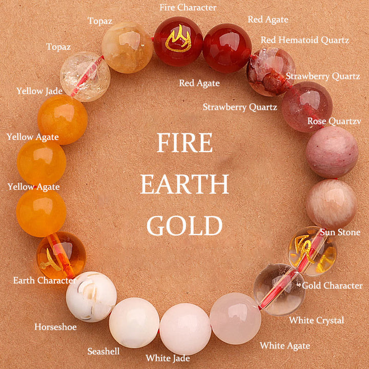 Pulsera de la sabiduría con Buddha Stones, cinco elementos, varios cristales de ágata y piedra solar - Oro Fire Earth (Circunferencia de la muñeca: 14-16 cm) - 12 mm - image 0