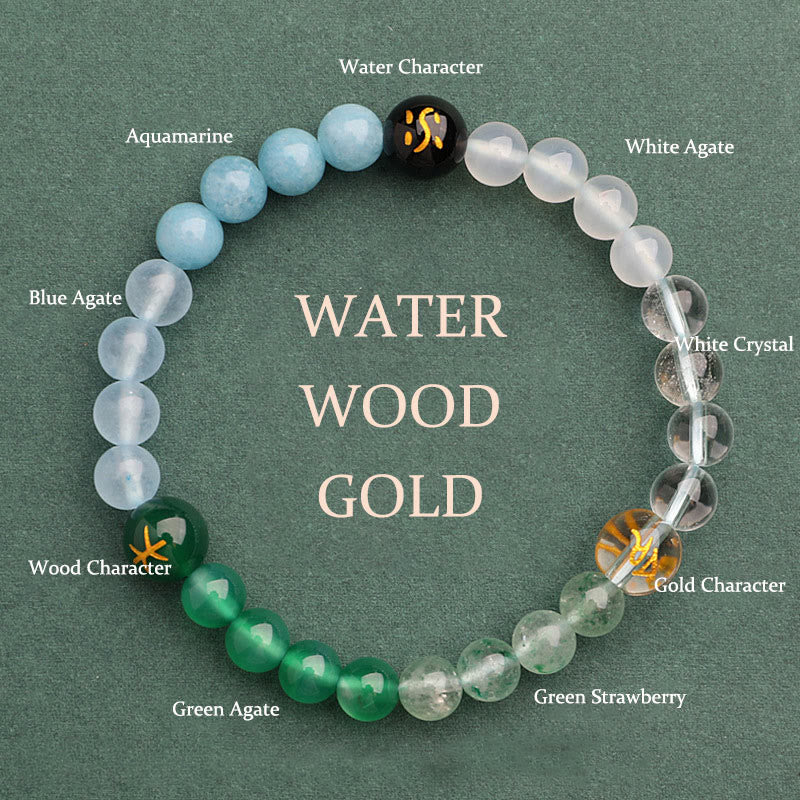 Pulsera de la sabiduría con Buddha Stones, cinco elementos, varios cristales de ágata y piedra solar - Pulsera Water Wood Gold (Circunferencia de la muñeca: 14-16 cm) - 6 mm - image 25