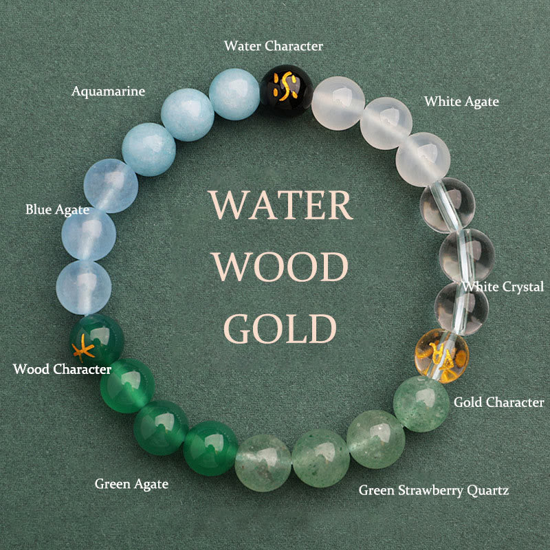 Pulsera de la sabiduría con Buddha Stones, cinco elementos, varios cristales de ágata y piedra solar - Pulsera Water Wood Gold (Circunferencia de la muñeca: 14-16 cm) - 8 mm - image 23