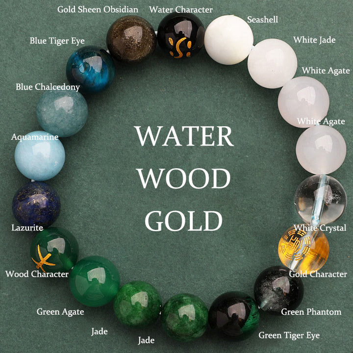Pulsera de la sabiduría con Buddha Stones, cinco elementos, varios cristales de ágata y piedra solar - Pulsera Water Wood Gold (Circunferencia de la muñeca: 14-16 cm) - 12 mm - image 19