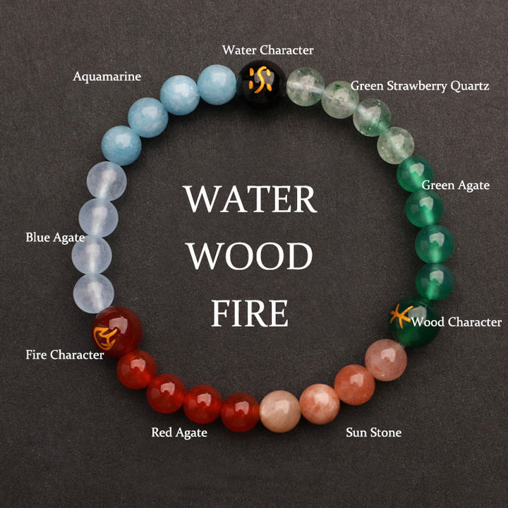 Pulsera de la sabiduría con Buddha Stones, cinco elementos, varios cristales de ágata y piedra solar - Agua, Madera, Fuego (Circunferencia de la muñeca: 14-16 cm) - 6 mm - image 35