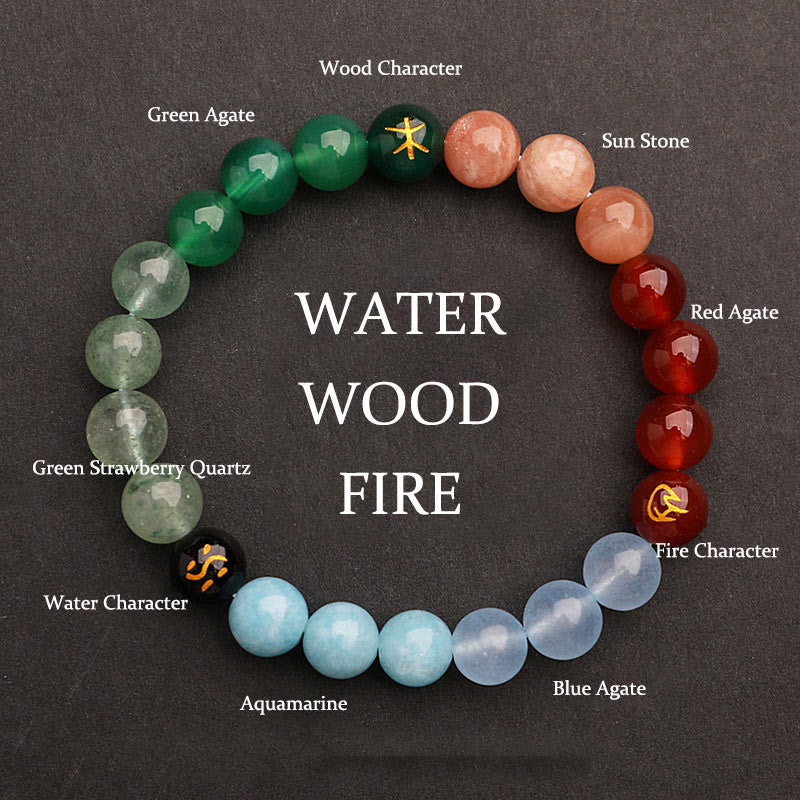 Pulsera de la sabiduría con Buddha Stones, cinco elementos, varios cristales de ágata y piedra solar - Agua, Madera, Fuego (Circunferencia de la muñeca: 14-16 cm) - 8 mm - image 33