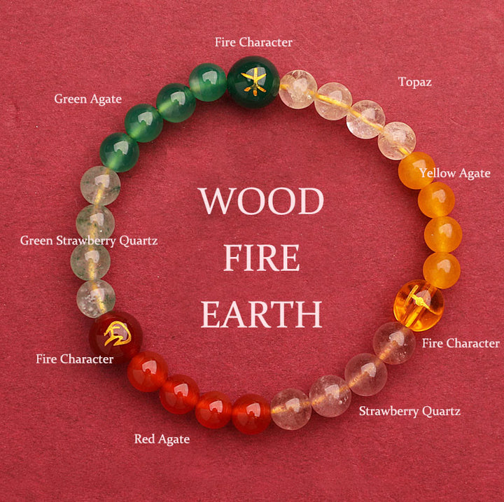 Pulsera de la sabiduría con Buddha Stones, cinco elementos, varios cristales de ágata y piedra solar - Madera Fuego Tierra (Circunferencia de la muñeca: 14-16 cm) - 6 mm - image 44