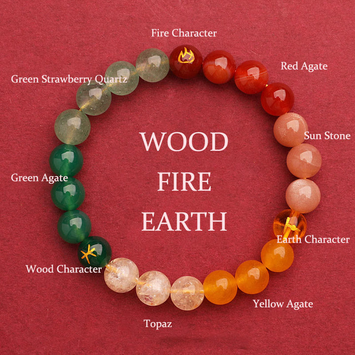 Pulsera de la sabiduría con Buddha Stones, cinco elementos, varios cristales de ágata y piedra solar - Madera Fuego Tierra (Circunferencia de la muñeca: 14-16 cm) - 8 mm - image 42