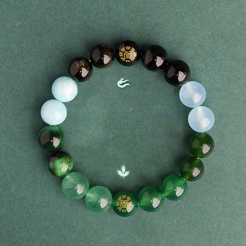 Buddha Stones Pulsera de la sabiduría de los cinco elementos con varios cristales de ágata, ónix negro, calcedonia verde y aguamarina - image 1