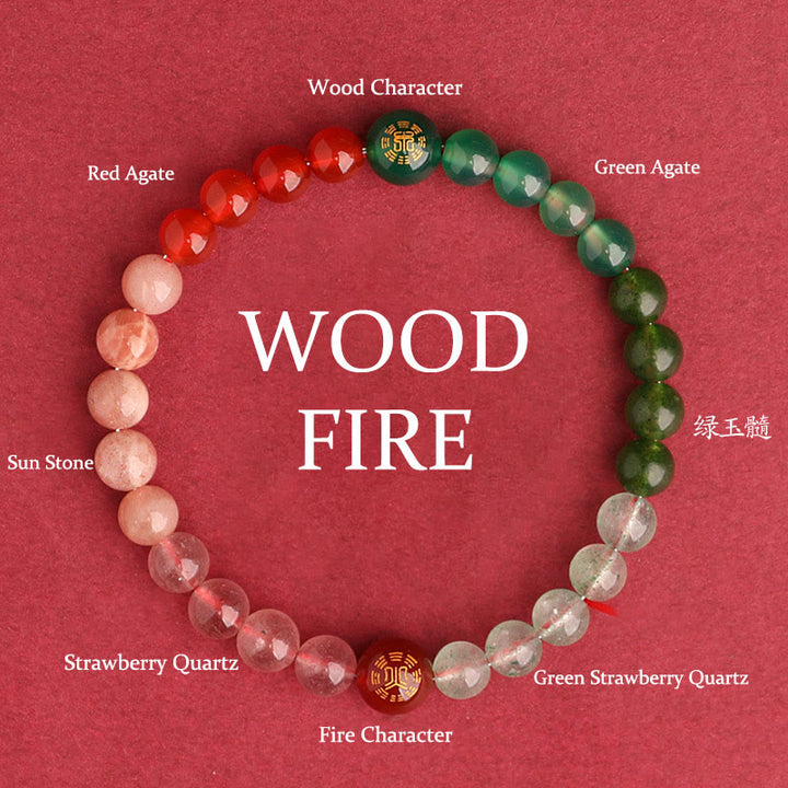 Buddha Stones Pulsera de la sabiduría de los cinco elementos con varios cristales de ágata, ónix negro, calcedonia verde y aguamarina - Fuego de leña (circunferencia de la muñeca: 14-16 cm) - 6 mm - image 45