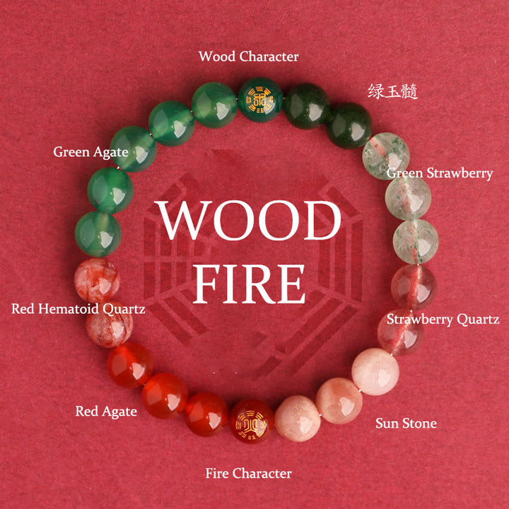 Buddha Stones Pulsera de la sabiduría de los cinco elementos con varios cristales de ágata, ónix negro, calcedonia verde y aguamarina - Fuego de leña (circunferencia de la muñeca: 14-16 cm) - 8 mm - image 47