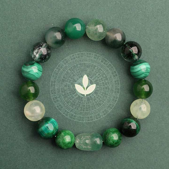 Buddha Stones Pulsera de la suerte fantasma con cinco elementos, varios cristales de ágata verde fresa, cuarzo musgoso y ágata verde - image 1