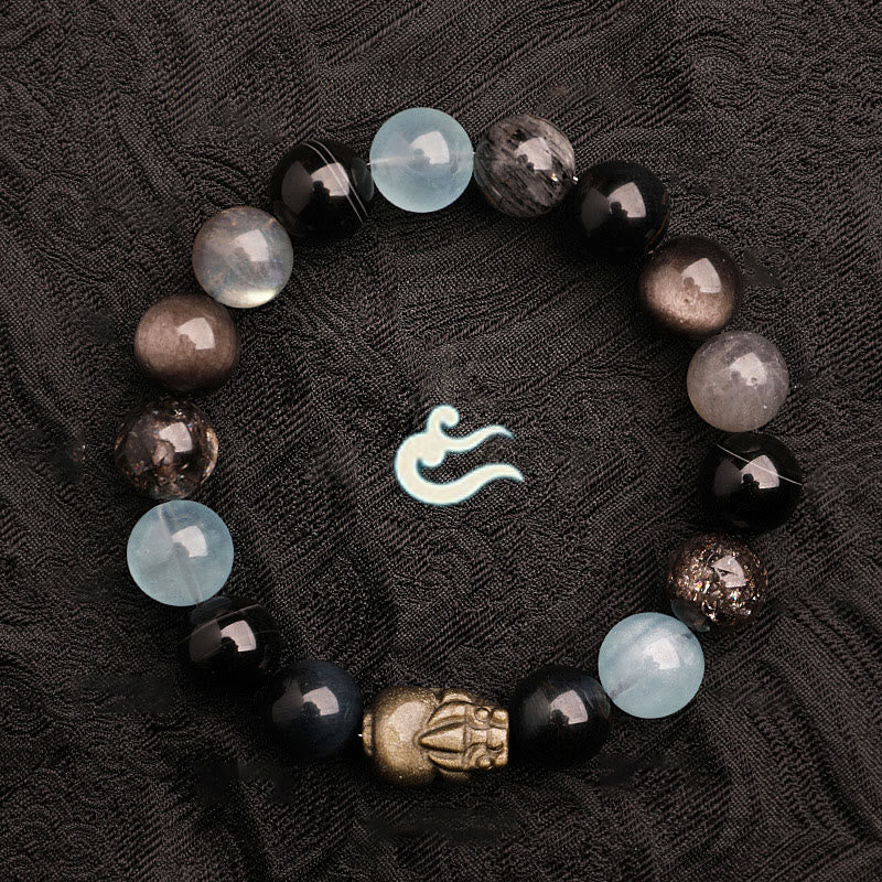 Buddha Stones Pulsera de la suerte fantasma con cinco elementos, varios cristales de ágata verde fresa, cuarzo musgoso y ágata verde - image 22