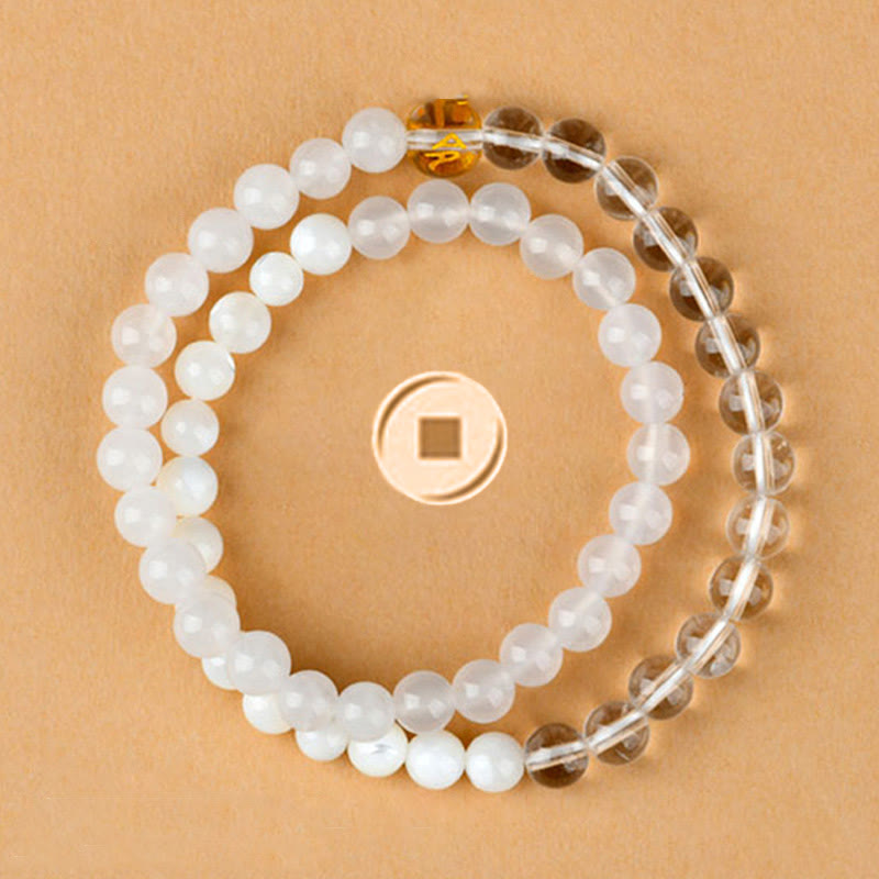 Pulsera de la suerte con Buddha Stones, cinco elementos, varios cristales de ágata, calcedonia y cristal blanco de ágata blanca