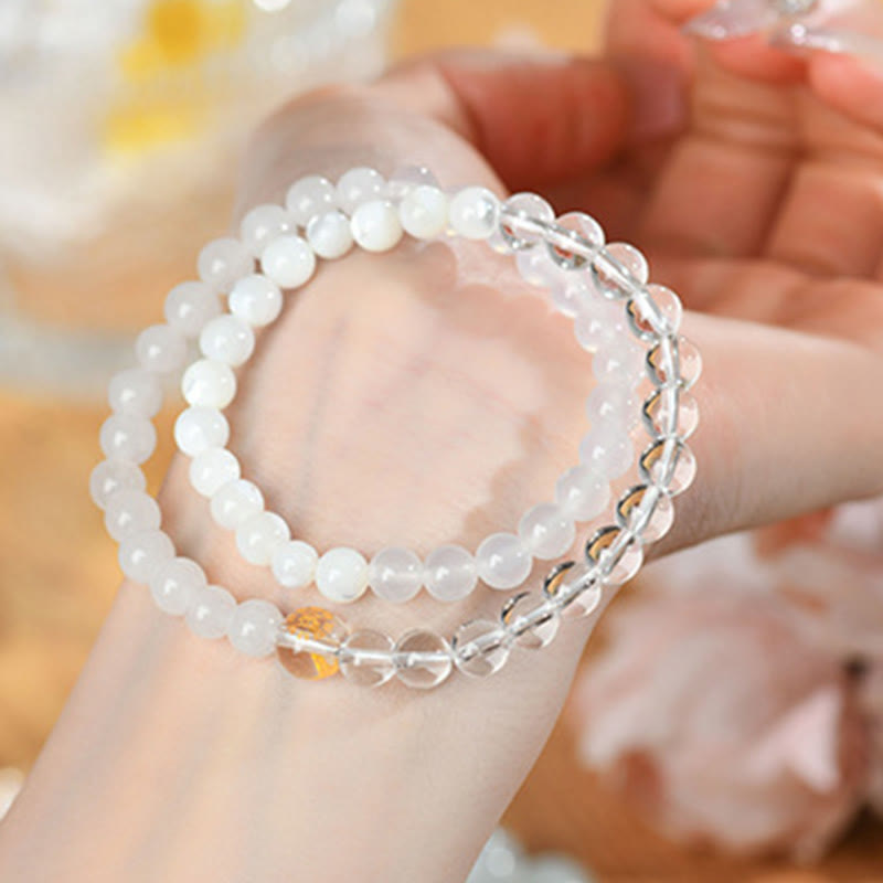 Pulsera de la suerte con Buddha Stones, cinco elementos, varios cristales de ágata, calcedonia y cristal blanco de ágata blanca