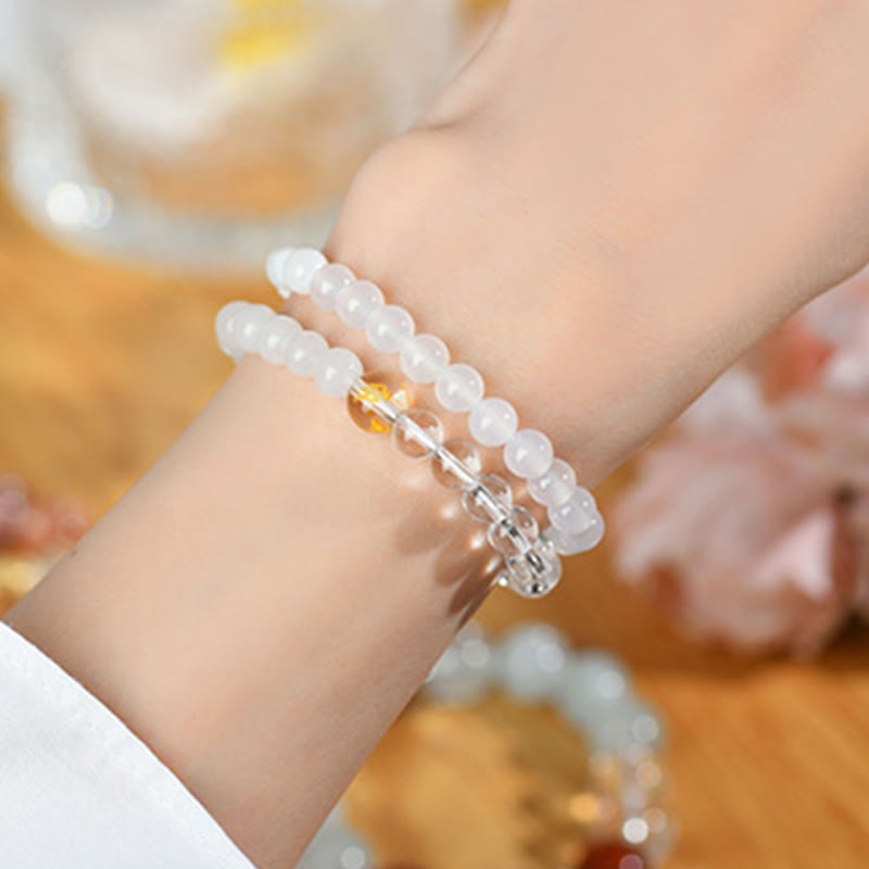 Pulsera de la suerte con Buddha Stones, cinco elementos, varios cristales de ágata, calcedonia y cristal blanco de ágata blanca