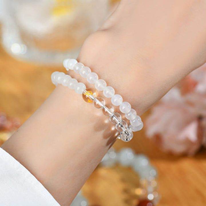 Pulsera de la suerte con Buddha Stones, cinco elementos, varios cristales de ágata, calcedonia y cristal blanco de ágata blanca