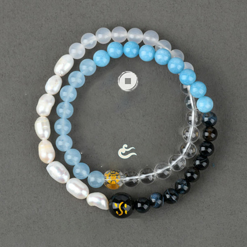 Pulsera de la suerte con Buddha Stones, cinco elementos, varios cristales de ágata, perla, ónix negro, ágata blanca y cristal blanco