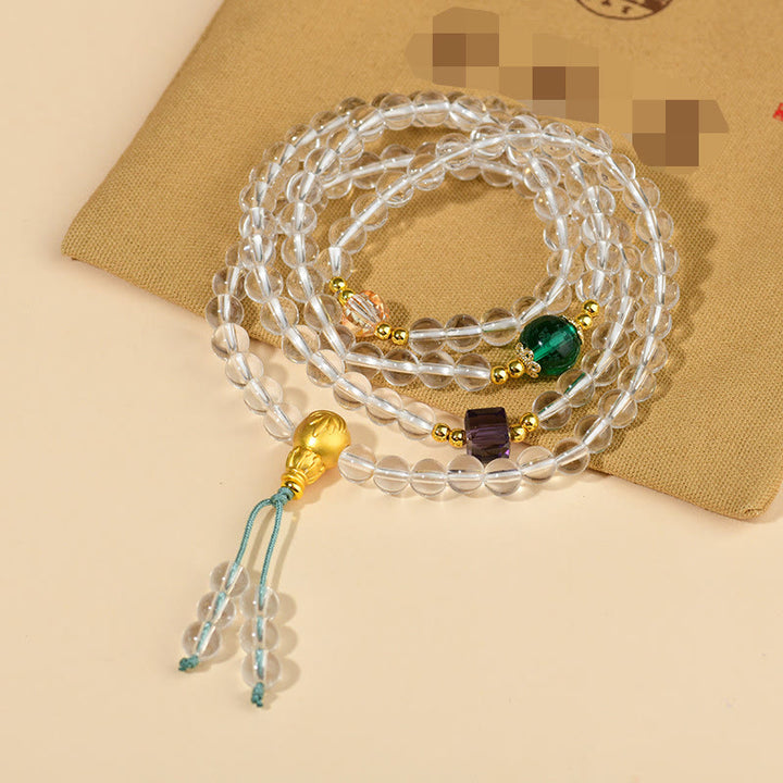 Pulsera de cristal blanco con 108 cuentas de mala y piedras de Buddha Stones