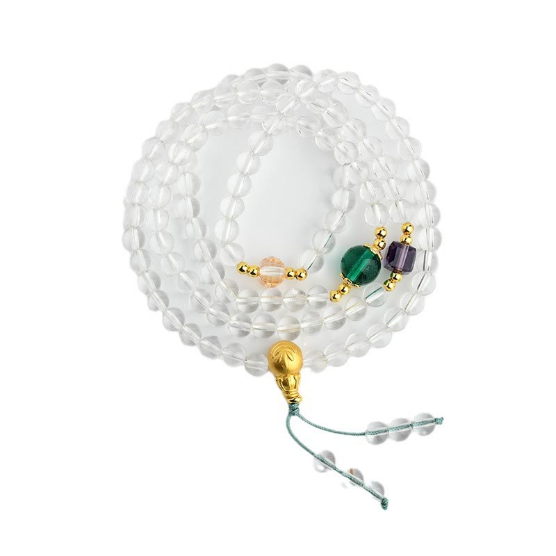 Pulsera de cristal blanco con 108 cuentas de mala y piedras de Buddha Stones