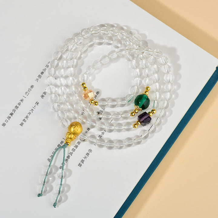 Pulsera de cristal blanco con 108 cuentas de mala y piedras de Buddha Stones