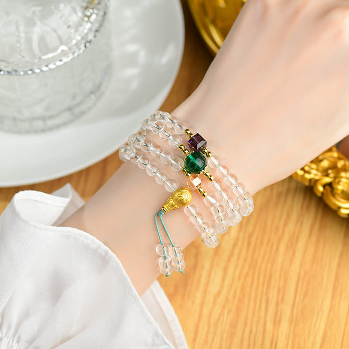 Pulsera de cristal blanco con 108 cuentas de mala y piedras de Buddha Stones