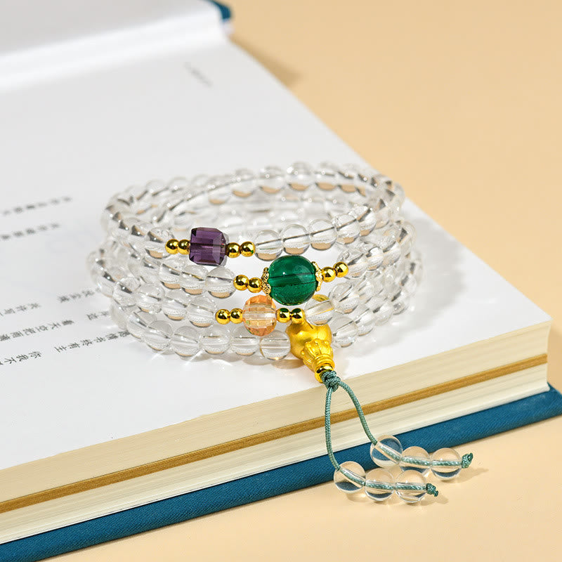 Pulsera de cristal blanco con 108 cuentas de mala y piedras de Buddha Stones