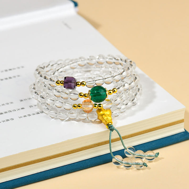 Pulsera de cristal blanco con 108 cuentas de mala y piedras de Buddha Stones