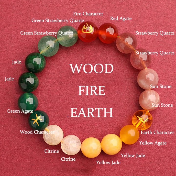 Pulsera de la riqueza con Buddha Stones, cinco elementos, varios cristales de ágata, cuarzo verde fresa y piedra solar - Fire Earth Wood (Circunferencia de la muñeca: 14-16 cm) - 10 mm - image 0