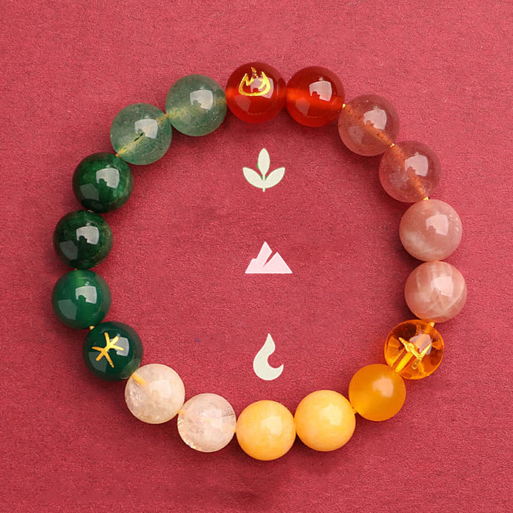 Pulsera de la riqueza con Buddha Stones, cinco elementos, varios cristales de ágata, cuarzo verde fresa y piedra solar