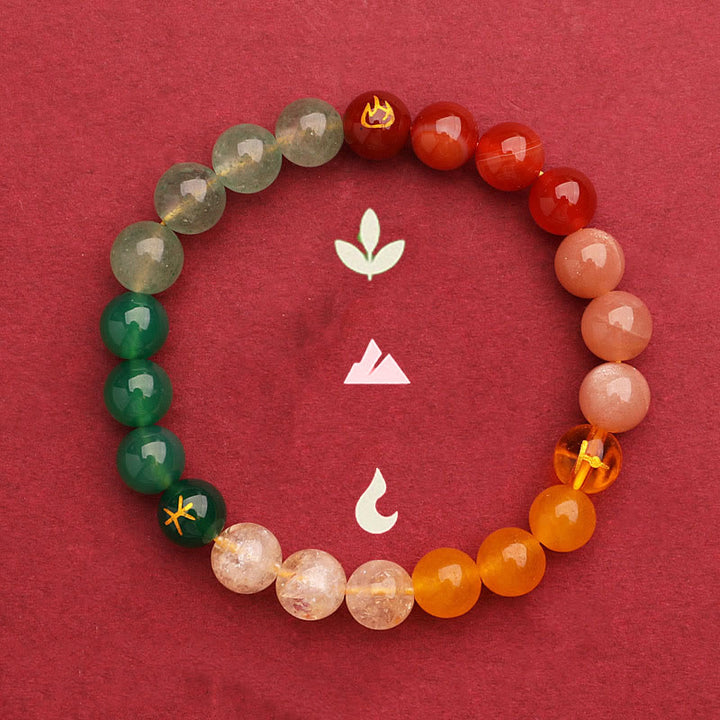 Pulsera de la riqueza con Buddha Stones, cinco elementos, varios cristales de ágata, cuarzo verde fresa y piedra solar