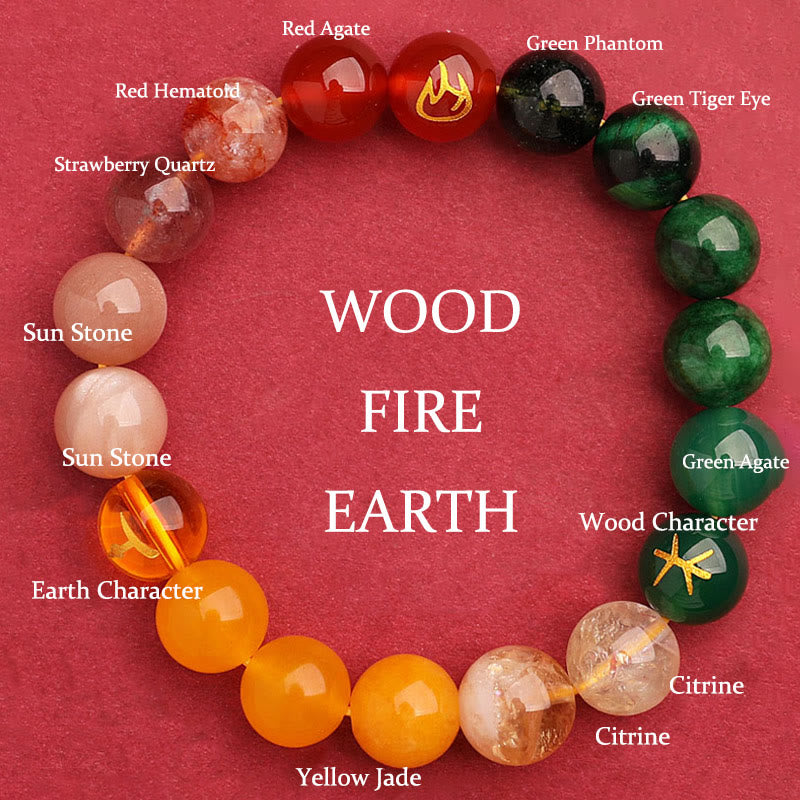 Pulsera de la riqueza con Buddha Stones, cinco elementos, varios cristales de ágata, cuarzo verde fresa y piedra solar - Fire Earth Wood (Circunferencia de la muñeca: 14-16 cm) - 12 mm - image 12