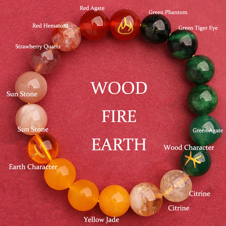 Pulsera de la riqueza con Buddha Stones, cinco elementos, varios cristales de ágata, cuarzo verde fresa y piedra solar - Fire Earth Wood (Circunferencia de la muñeca: 14-16 cm) - 12 mm - image 12
