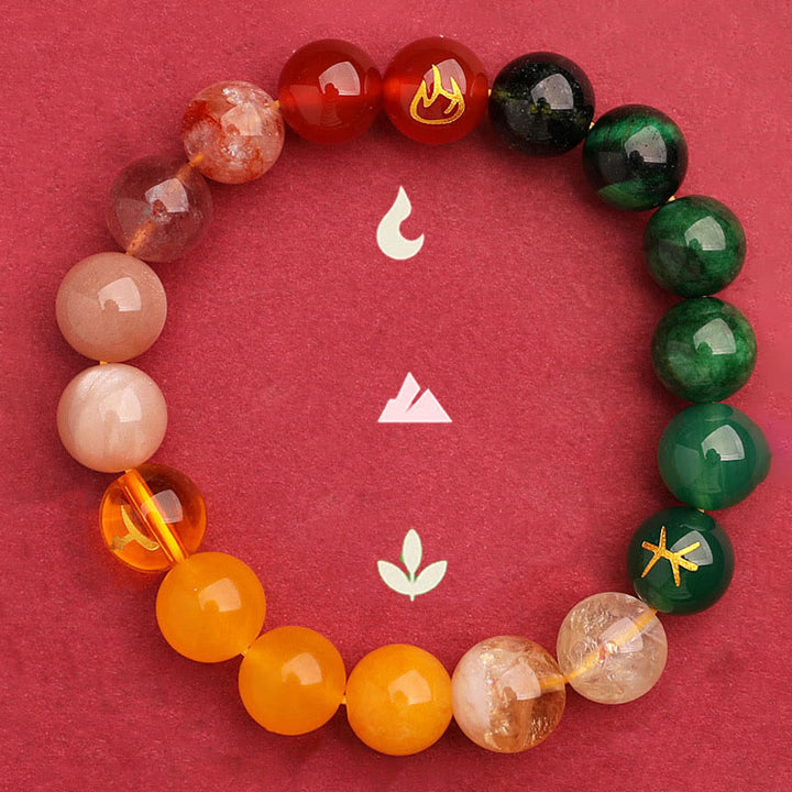 Pulsera de la riqueza con Buddha Stones, cinco elementos, varios cristales de ágata, cuarzo verde fresa y piedra solar