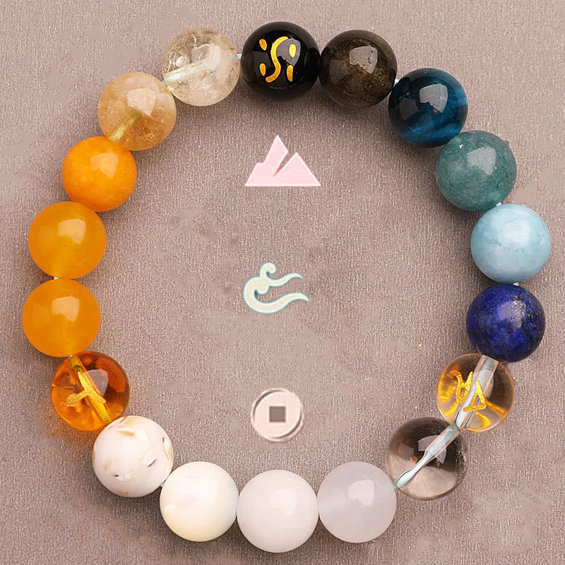Pulsera de la riqueza con Buddha Stones, cinco elementos, varios cristales de ágata, cuarzo verde fresa y piedra solar