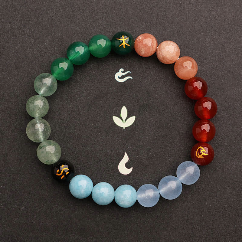 Pulsera de la riqueza con Buddha Stones, cinco elementos, varios cristales de ágata, cuarzo verde fresa y piedra solar