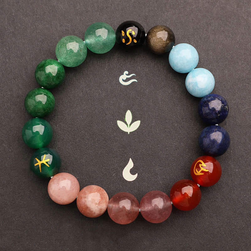 Pulsera de la riqueza con Buddha Stones, cinco elementos, varios cristales de ágata, cuarzo verde fresa y piedra solar