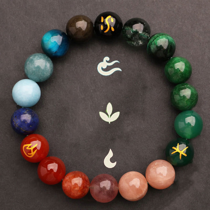 Pulsera de la riqueza con Buddha Stones, cinco elementos, varios cristales de ágata, cuarzo verde fresa y piedra solar