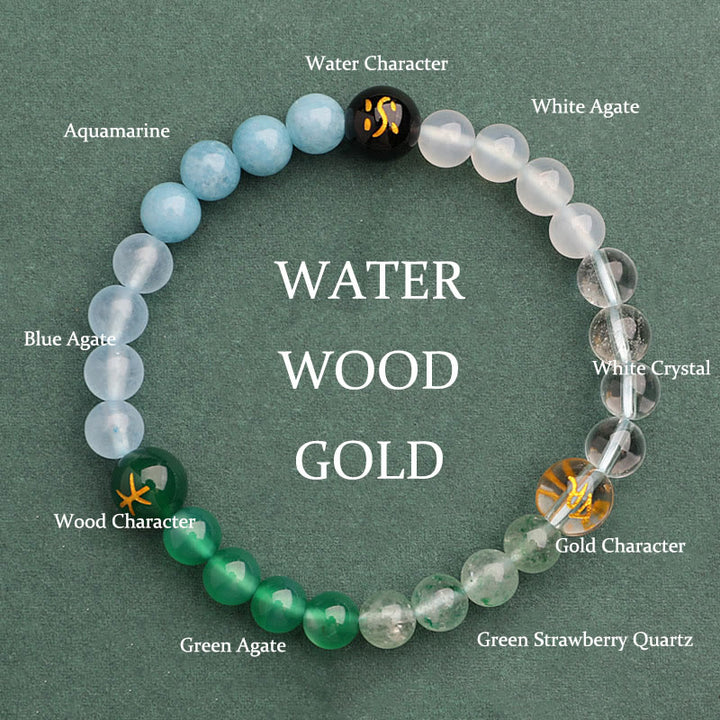 Pulsera de la riqueza con Buddha Stones, cinco elementos, varios cristales de ágata, cuarzo verde fresa y piedra solar