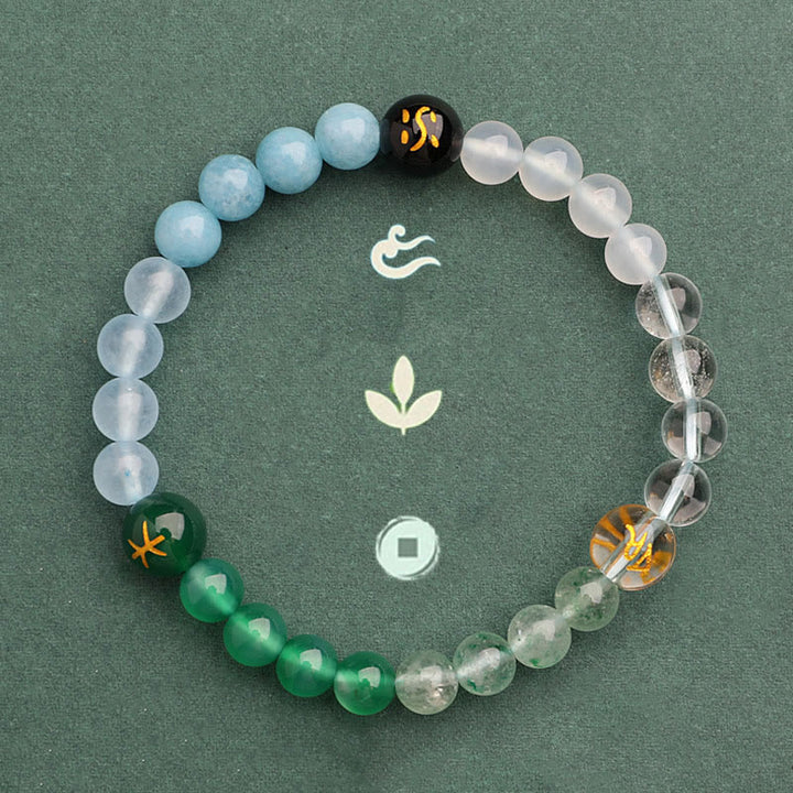 Pulsera de la riqueza con Buddha Stones, cinco elementos, varios cristales de ágata, cuarzo verde fresa y piedra solar