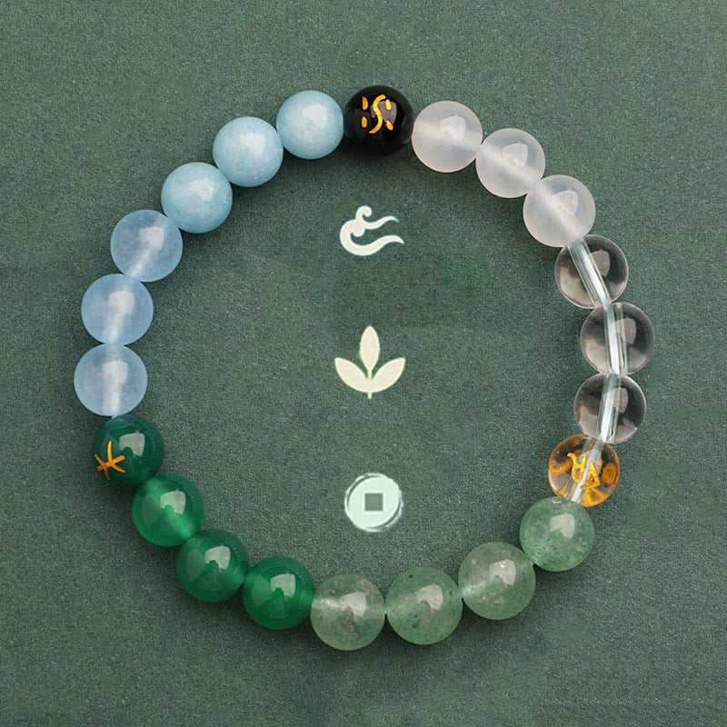 Pulsera de la riqueza con Buddha Stones, cinco elementos, varios cristales de ágata, cuarzo verde fresa y piedra solar