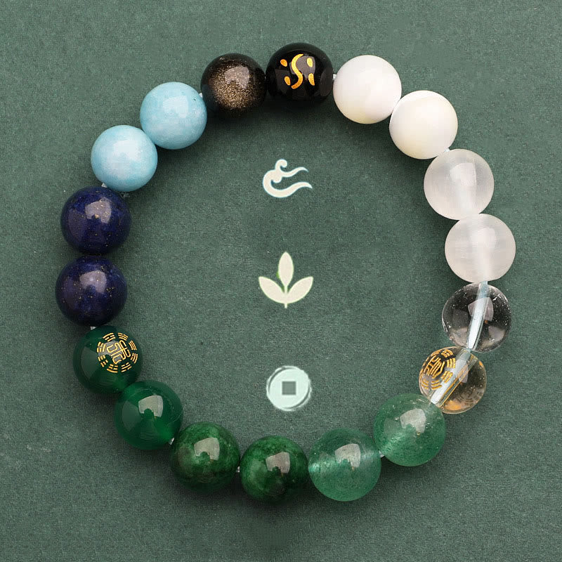 Pulsera de la riqueza con Buddha Stones, cinco elementos, varios cristales de ágata, cuarzo verde fresa y piedra solar