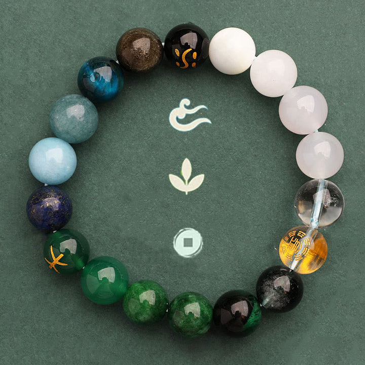 Pulsera de la riqueza con Buddha Stones, cinco elementos, varios cristales de ágata, cuarzo verde fresa y piedra solar