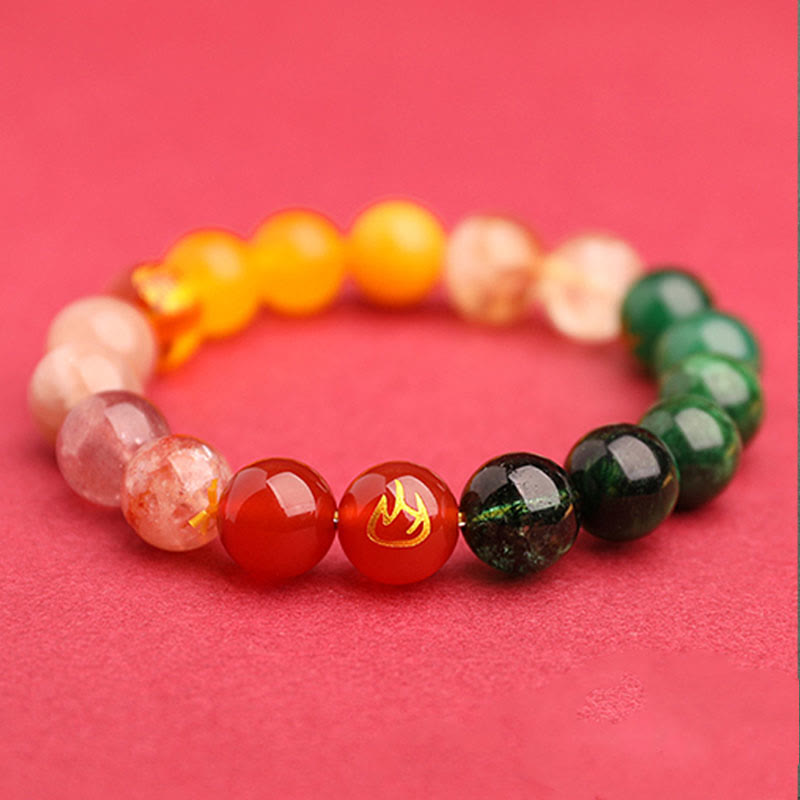 Pulsera de la riqueza con Buddha Stones, cinco elementos, varios cristales de ágata, cuarzo verde fresa y piedra solar