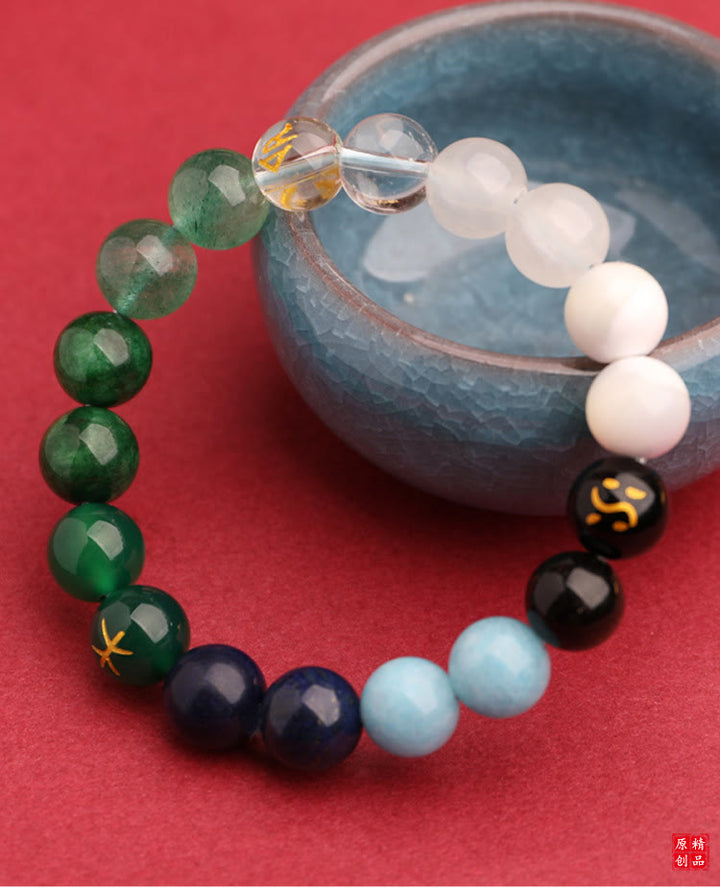 Pulsera de la riqueza con Buddha Stones, cinco elementos, varios cristales de ágata, cuarzo verde fresa y piedra solar