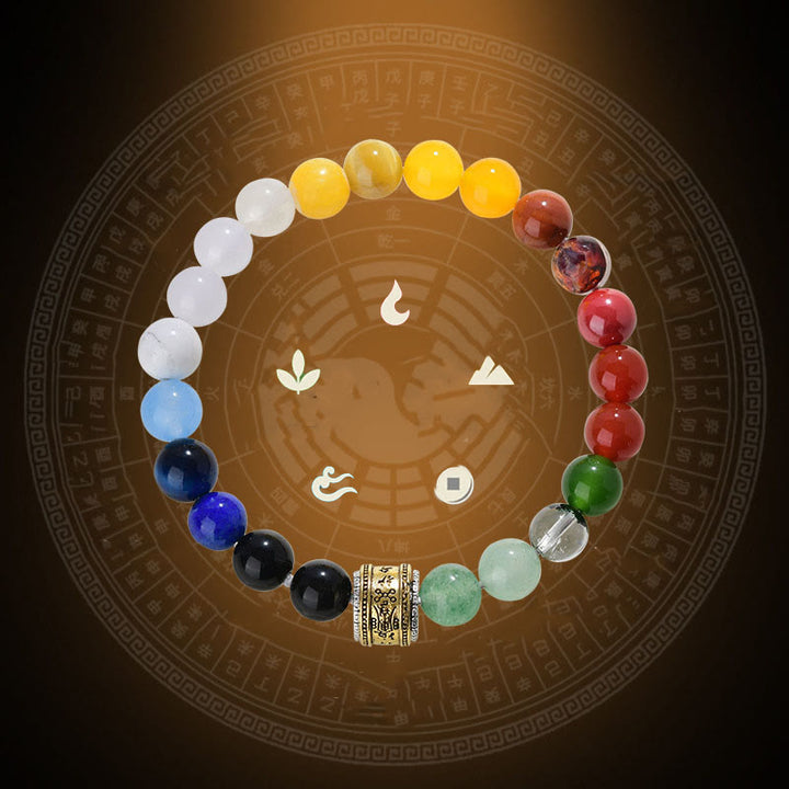 Pulsera de la suerte con Buddha Stones, cinco elementos, varios cristales de ágata, ágata roja, brillo dorado, obsidiana y ágata amarilla