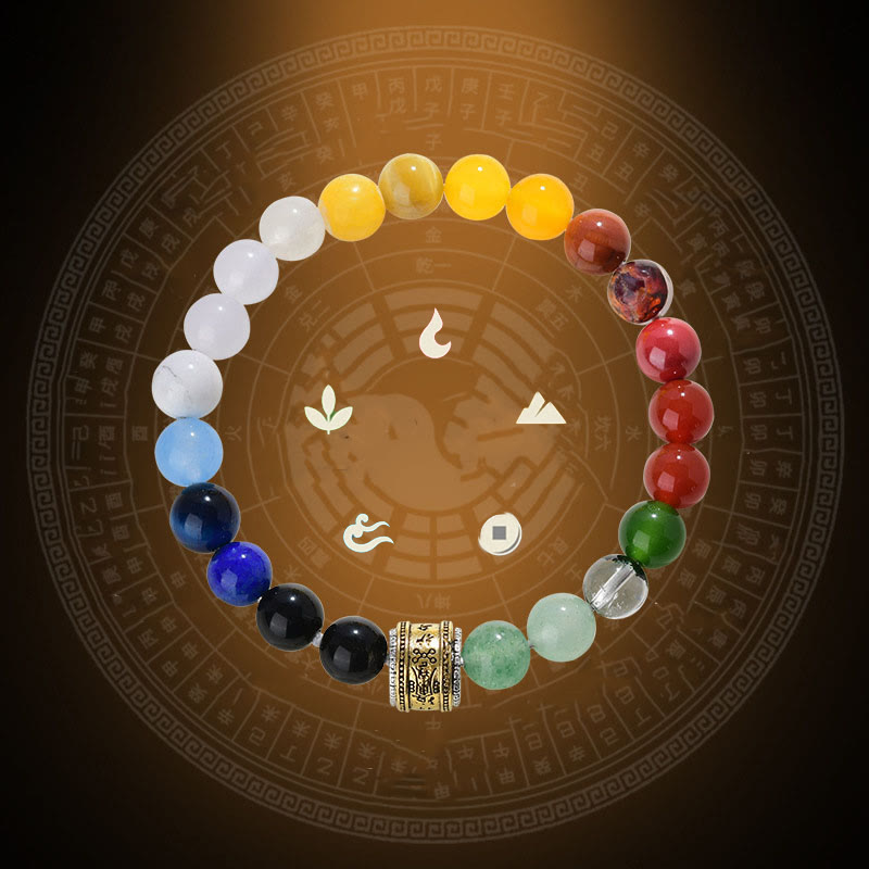 Pulsera de la suerte con Buddha Stones, cinco elementos, varios cristales de ágata, ágata roja, brillo dorado, obsidiana y ágata amarilla - image 1