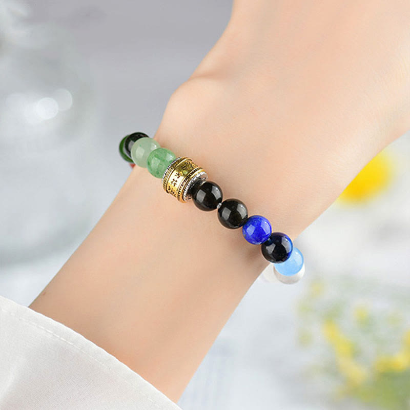 Pulsera de la suerte con Buddha Stones, cinco elementos, varios cristales de ágata, ágata roja, brillo dorado, obsidiana y ágata amarilla