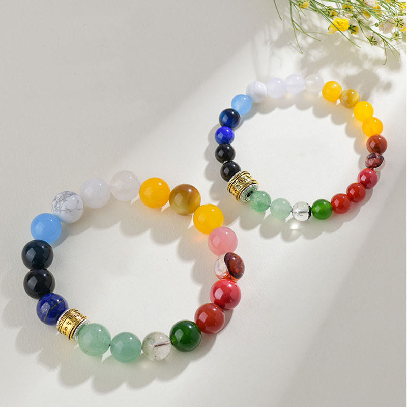 Pulsera de la suerte con Buddha Stones, cinco elementos, varios cristales de ágata, ágata roja, brillo dorado, obsidiana y ágata amarilla